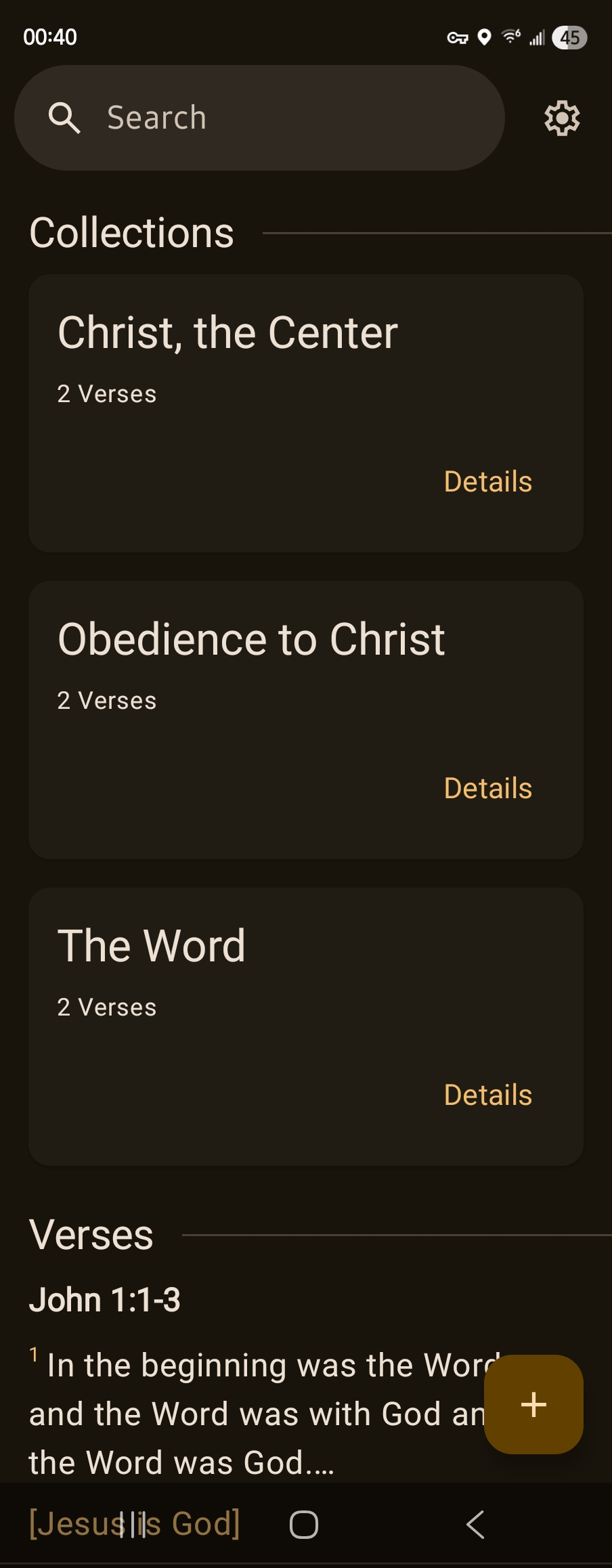 Opening screen of the Memorize Verses app for Android.